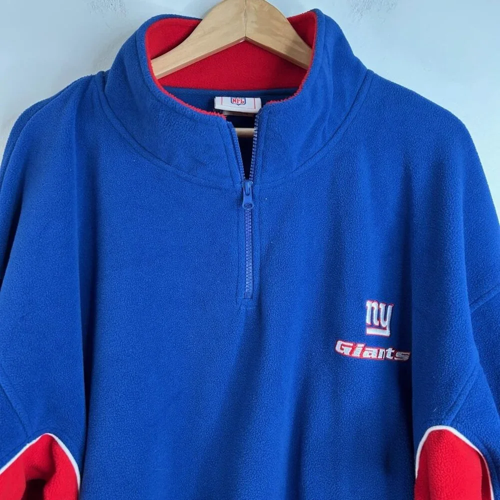 New York Giants Sweater Mens 2XL Blue Red NFL Football‎ Reebok Fleece 1/4 Zip